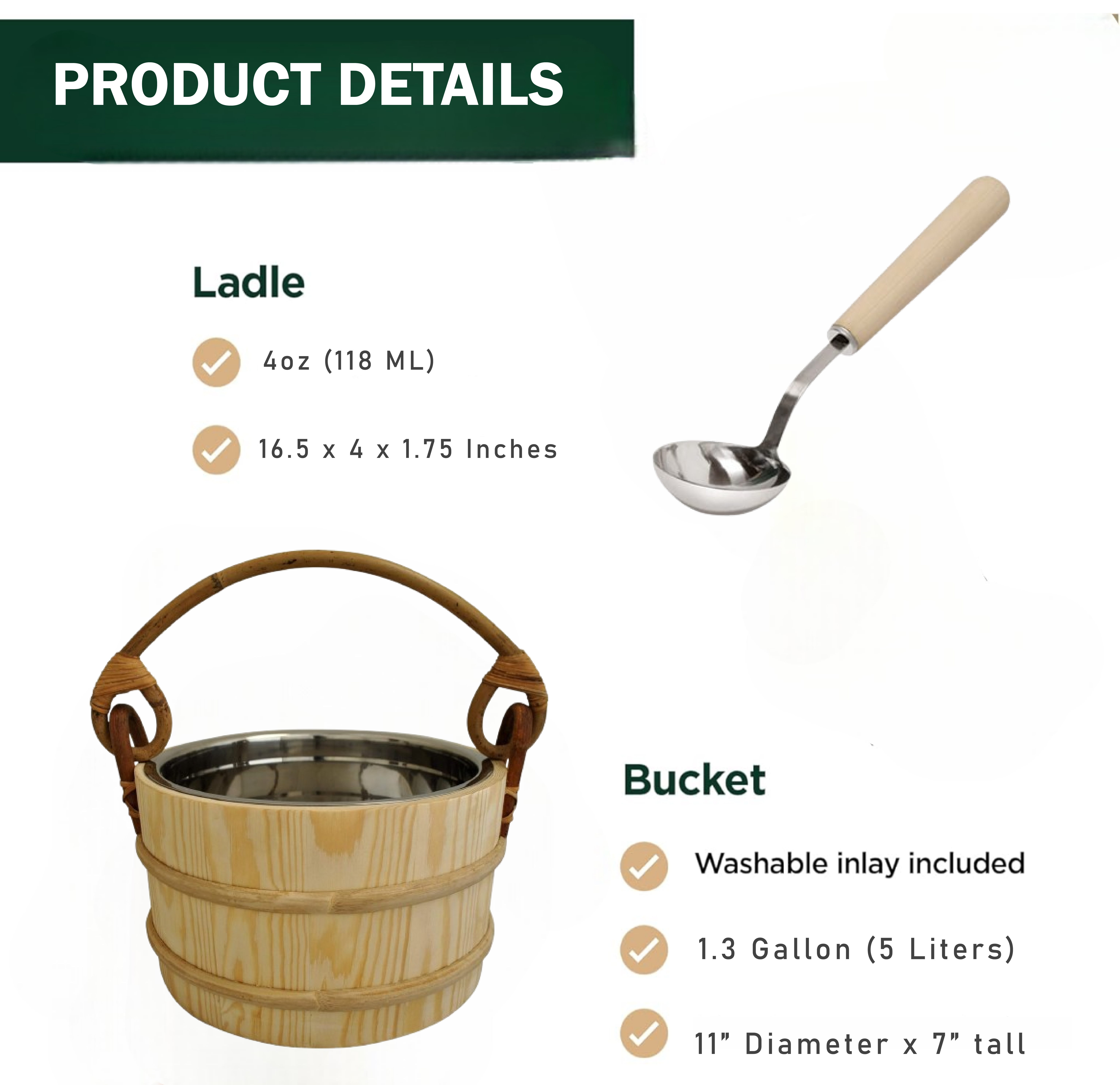 Premium Pine Sauna Bucket with Stainless Steel Ladle & Leak-Proof Liner